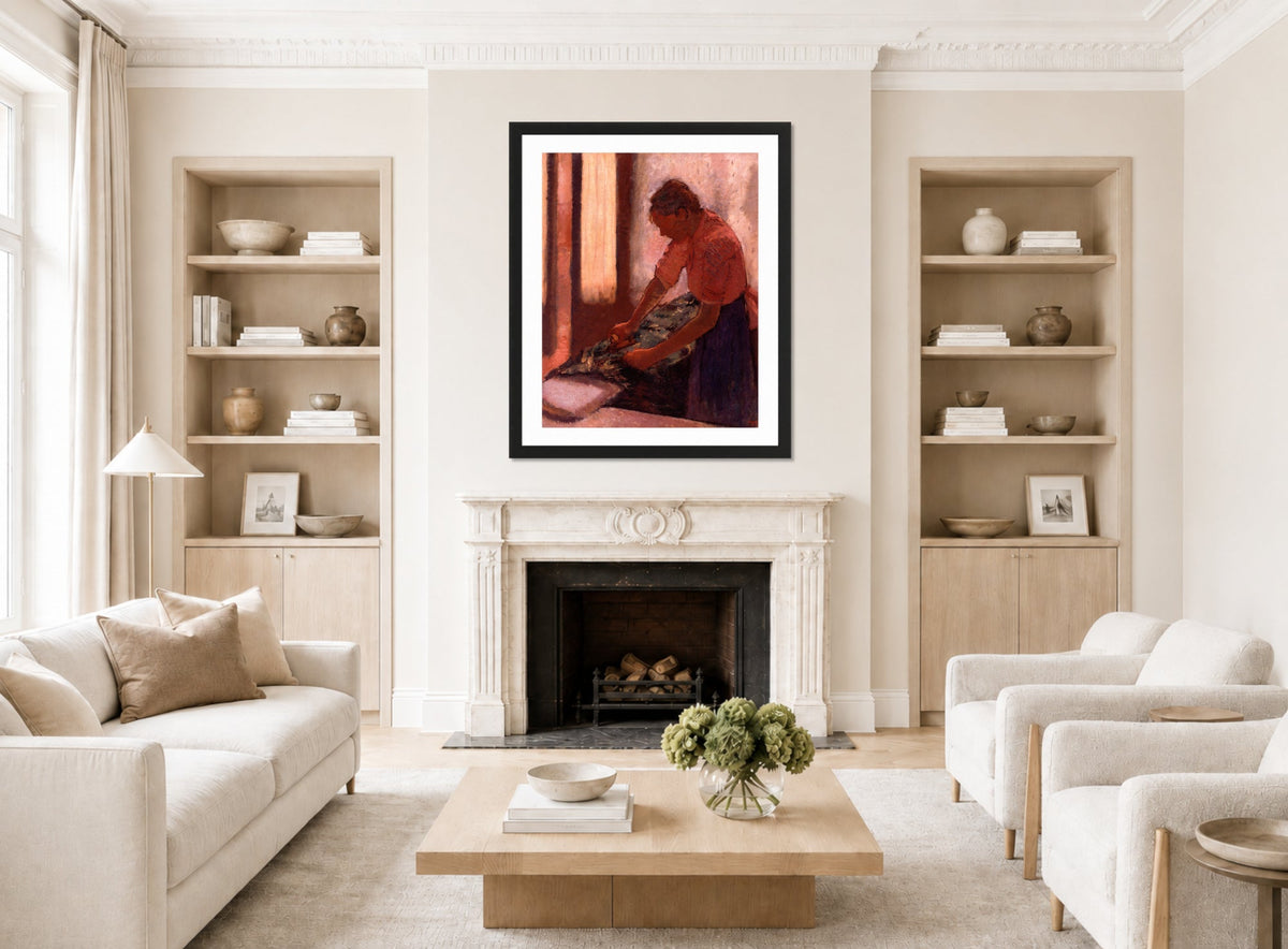 Edgar Degas Print, Woman Ironing (between 1892 and 1895) displayed in a Scandinavian living room