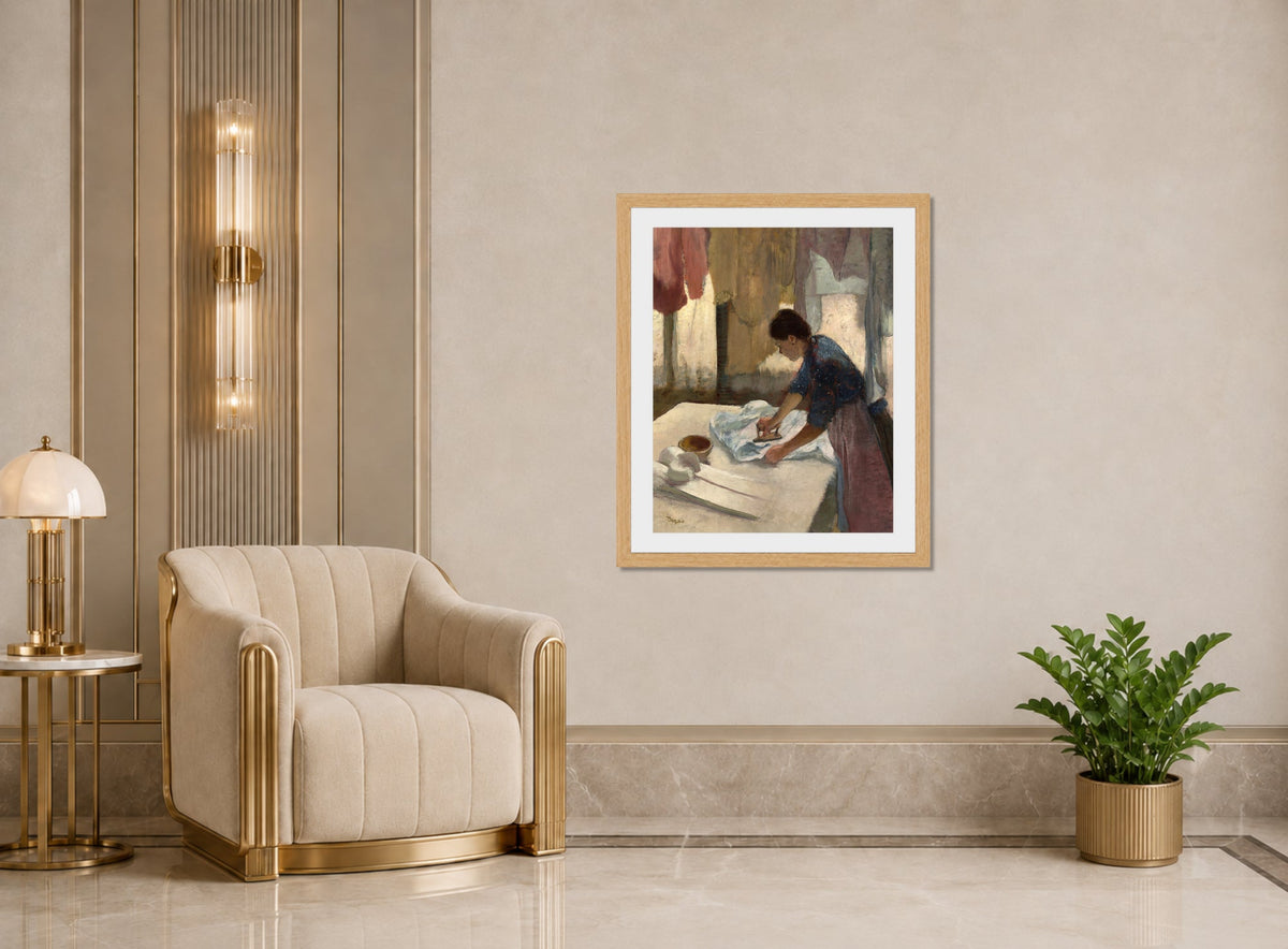 Edgar Degas Print, Woman Ironing (c displayed in an Art Deco interior