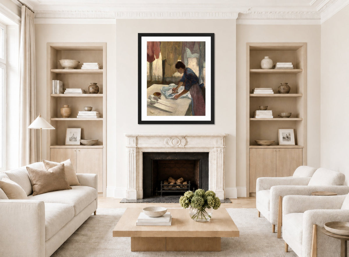 Edgar Degas Print, Woman Ironing (c displayed in a Scandinavian living room