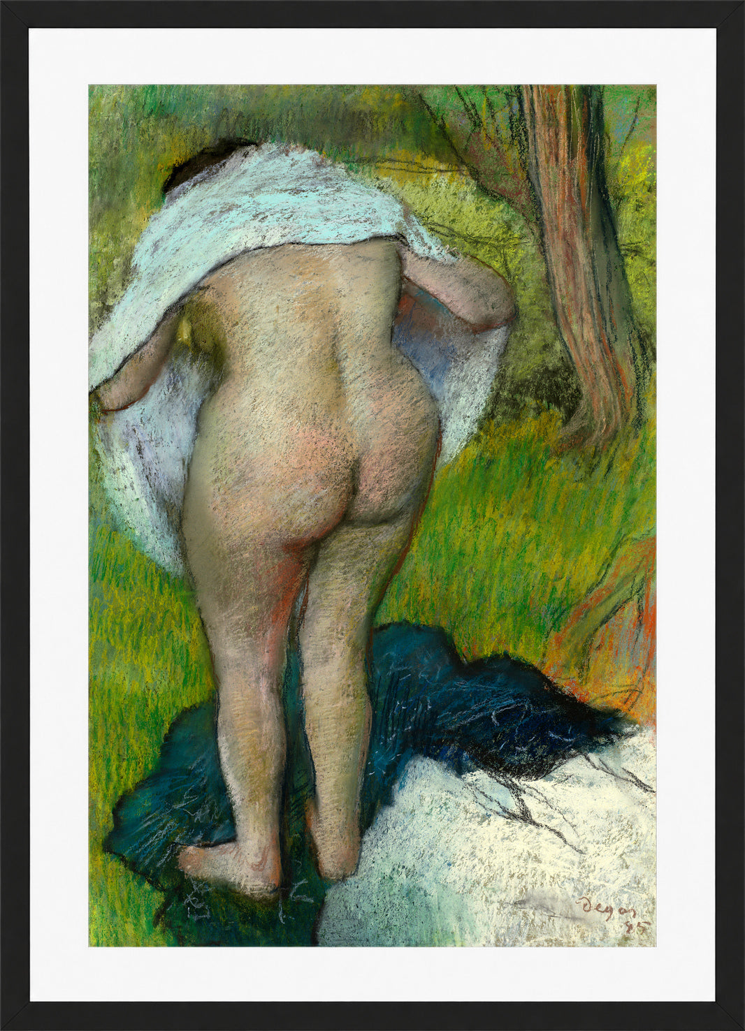 Edgar Degas Print, Young Woman Dressing Herself (1885) in a black frame