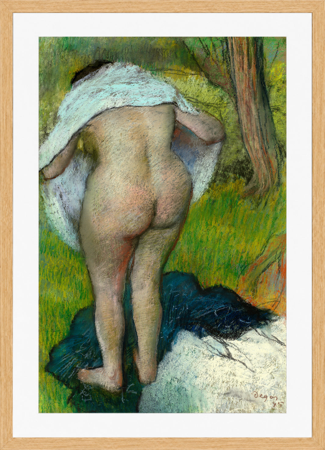 Edgar Degas Print, Young Woman Dressing Herself (1885) in a light oak frame