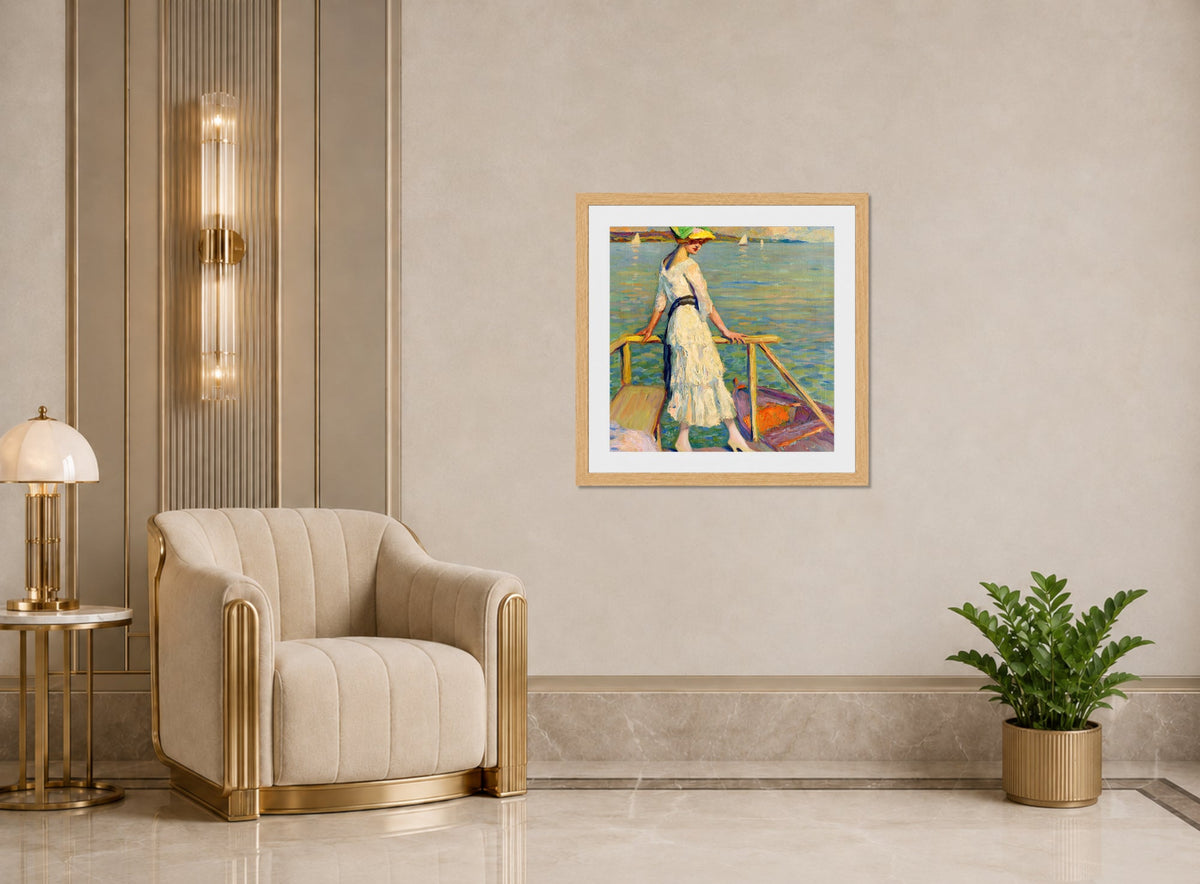 Edward Cucuel Print, Abend am See (1920) displayed in an Art Deco interior