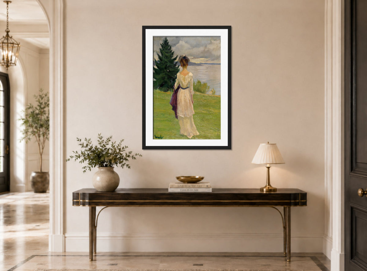 Edward Cucuel Print, After the rain, early (1910) displayed above a console table