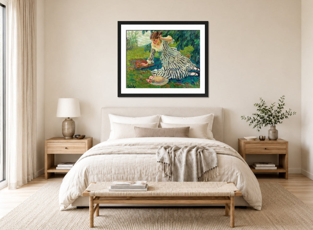 Edward Cucuel Print, After the siesta (1910) displayed above a bed
