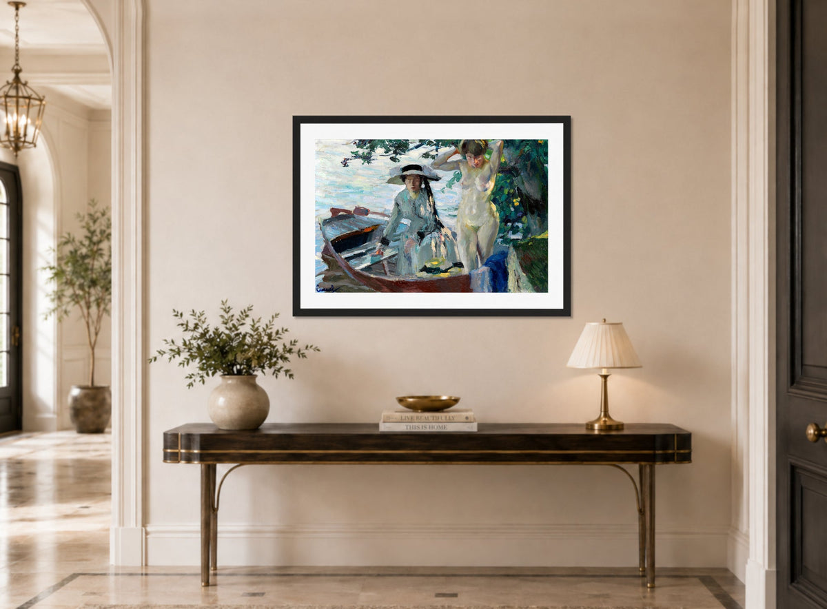 Edward Cucuel Print, Après le bain (1911-12) displayed above a console table