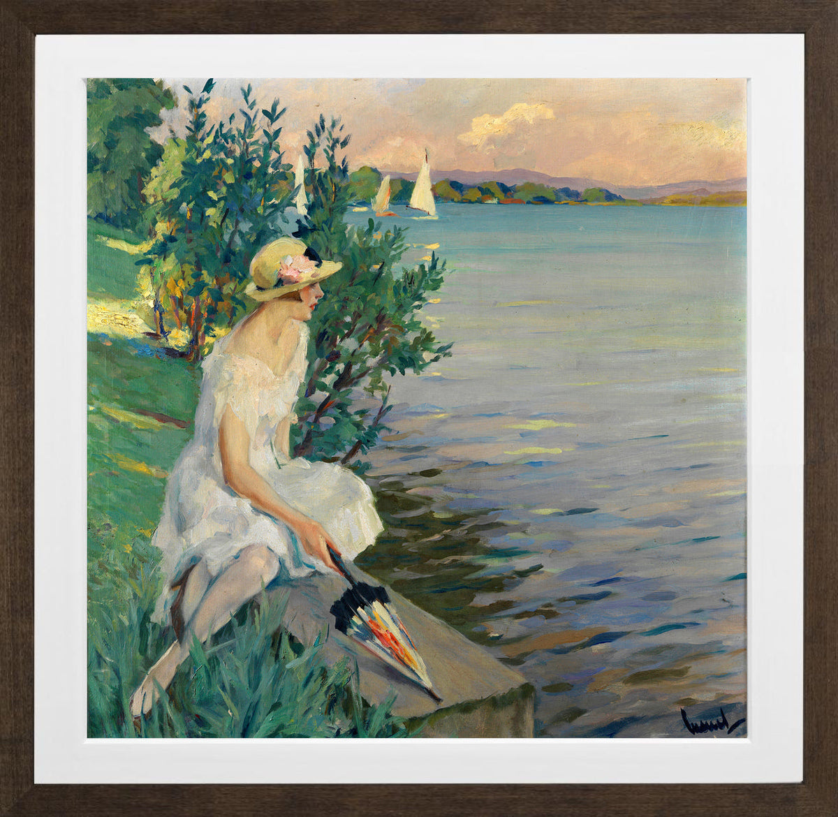 Edward Cucuel Print, Auf der Seemauer (1920) in a brown frame
