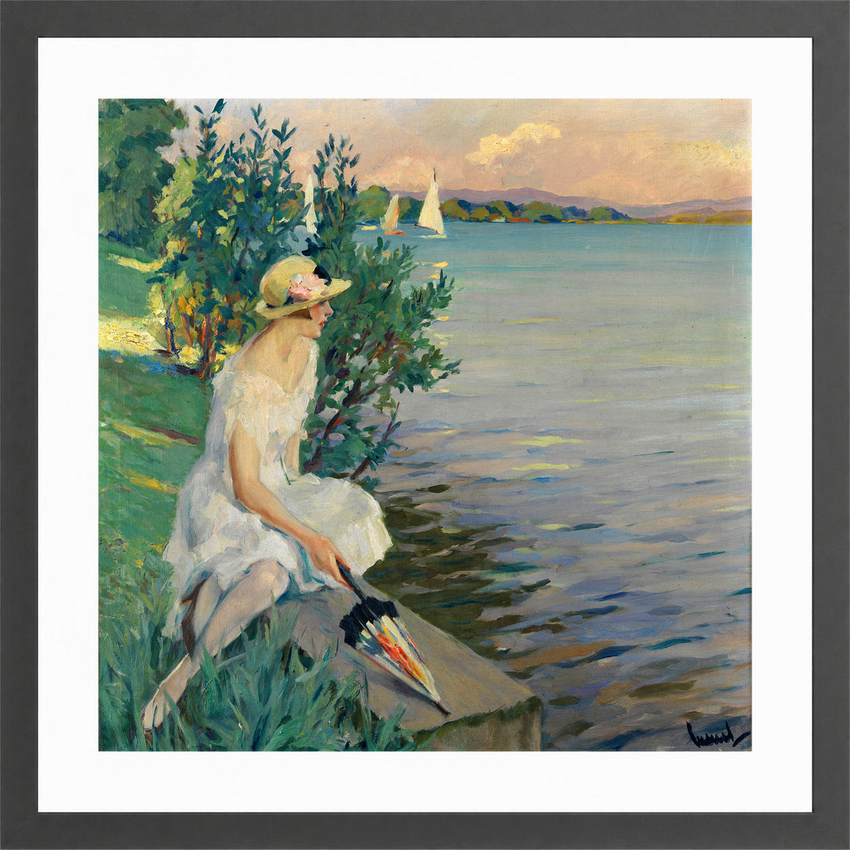 Edward Cucuel Print, Auf der Seemauer (1920) in a dark grey frame