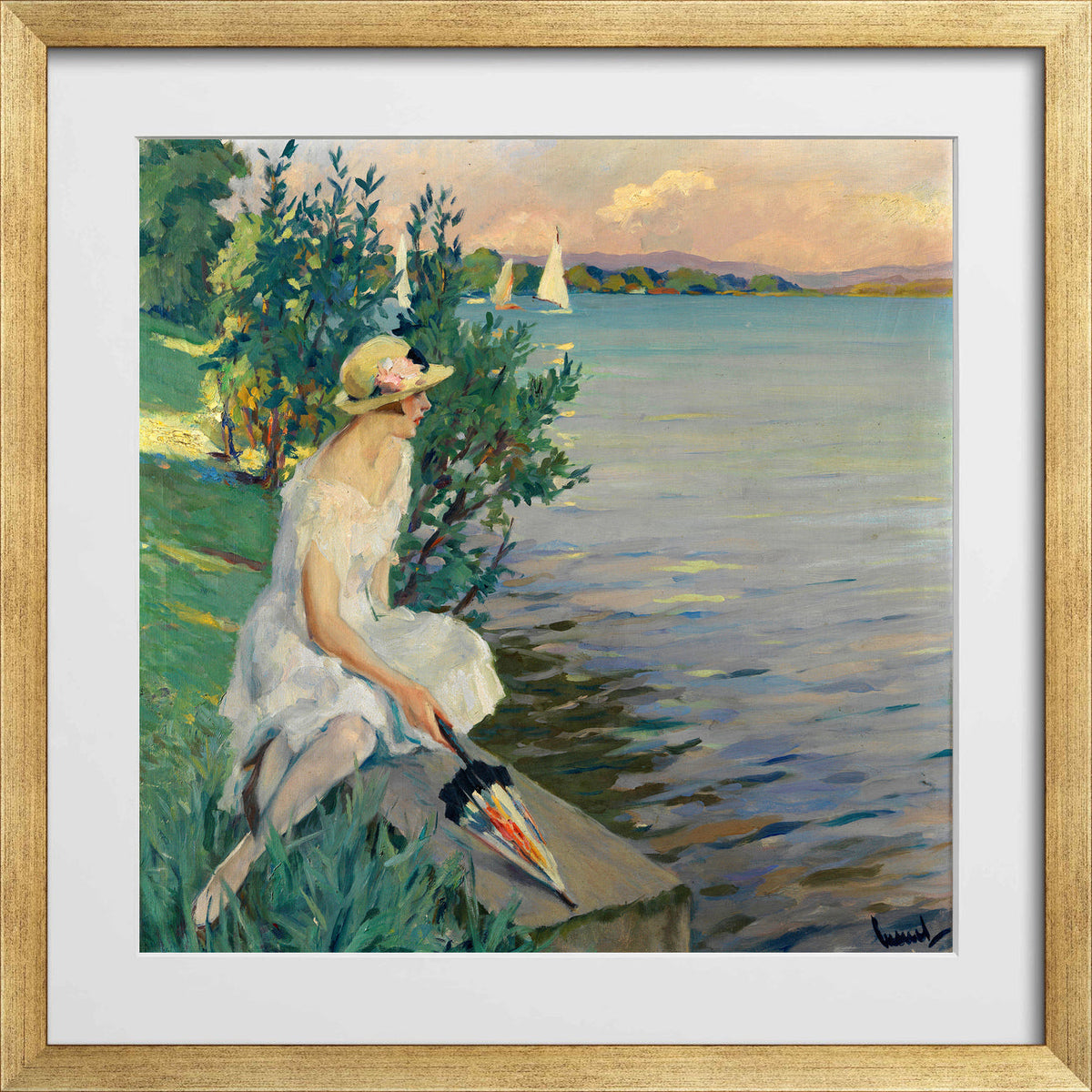 Edward Cucuel Print, Auf der Seemauer (1920) in a gold frame