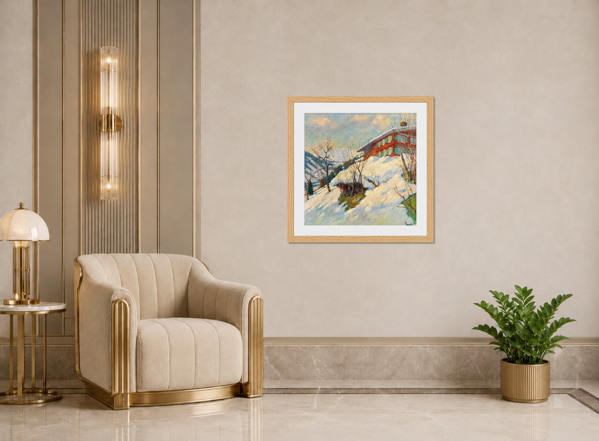 Edward Cucuel Print, Beautiful winter day (1920) displayed in an Art Deco interior