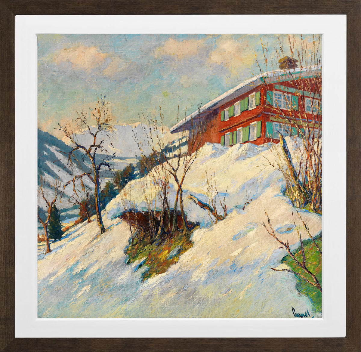 Edward Cucuel Print, Beautiful winter day (1920) in a brown frame