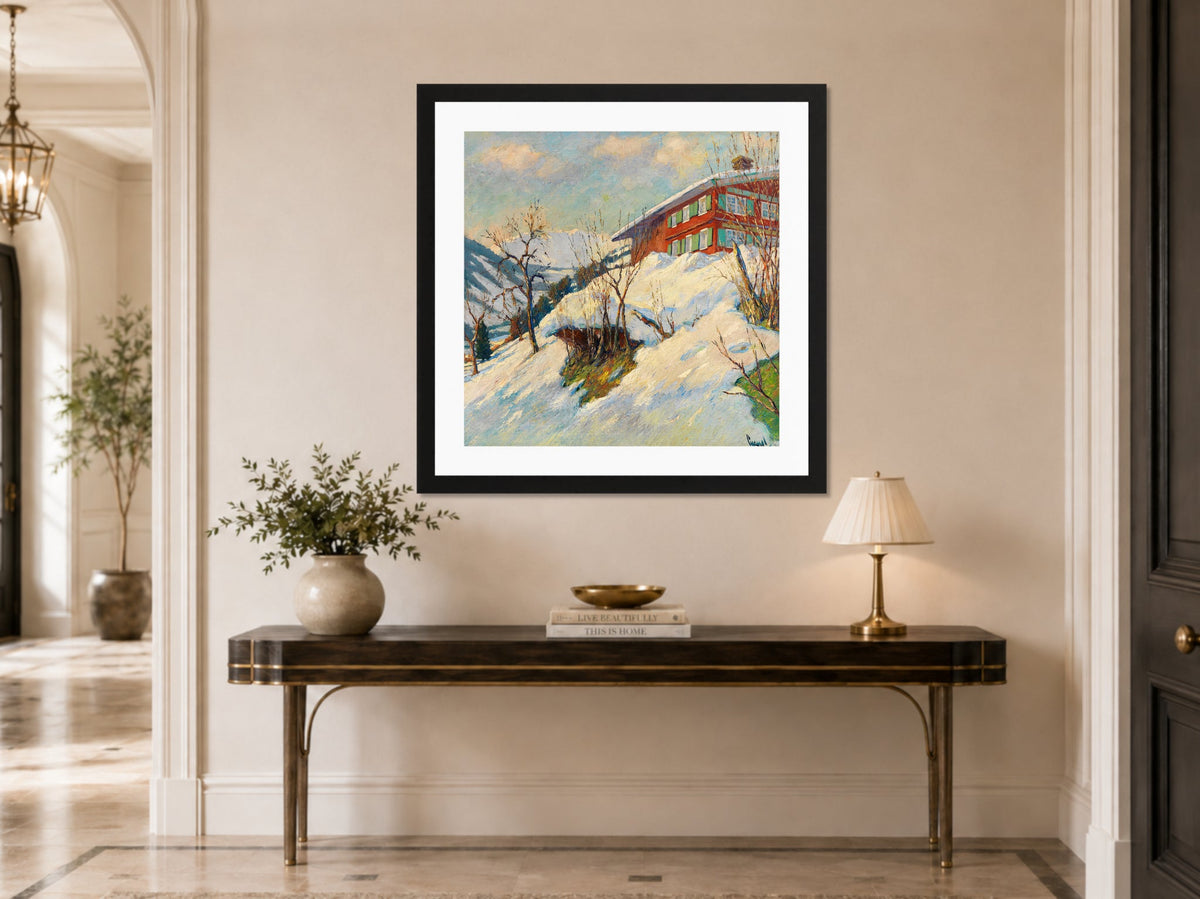 Edward Cucuel Print, Beautiful winter day (1920) displayed above a console table