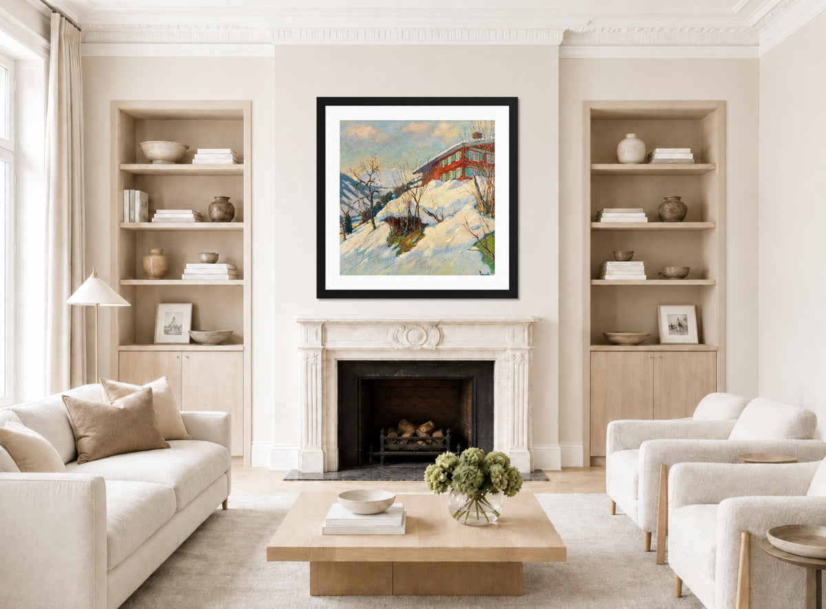 Edward Cucuel Print, Beautiful winter day (1920) displayed in a Scandinavian living room