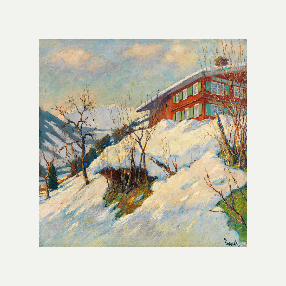 Edward Cucuel Print, Beautiful winter day (1920) with an off-white border for rolled canvas
