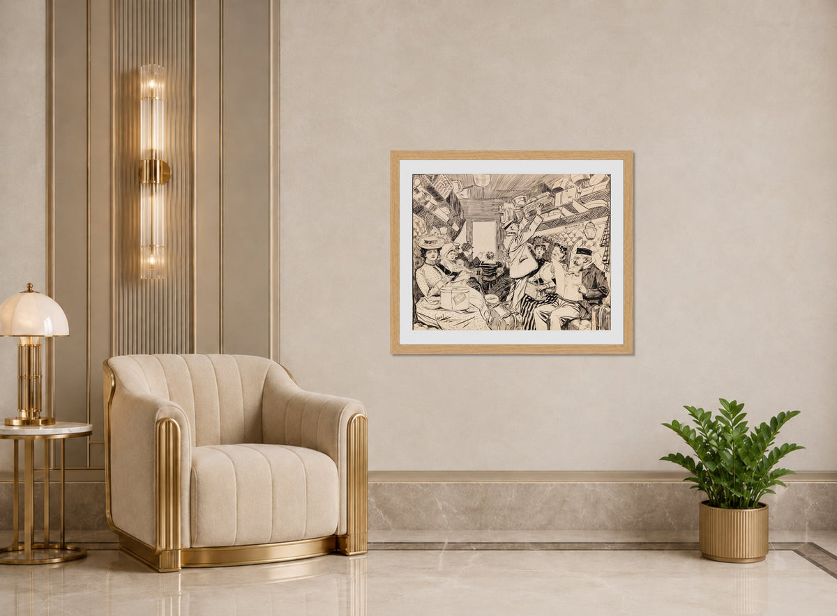 Edward Cucuel Print, Eisenbahnabteil (1901) displayed in an Art Deco interior