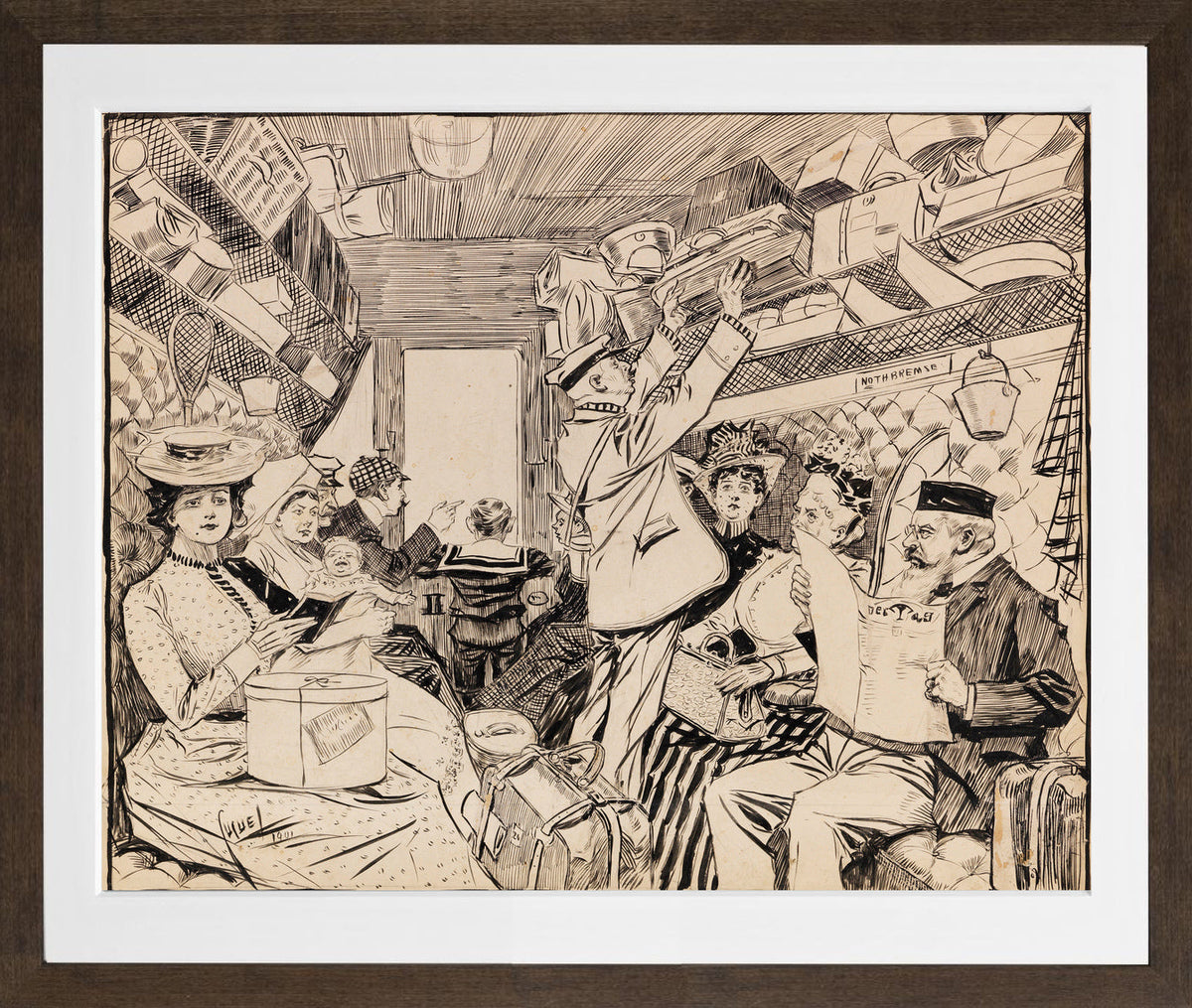 Edward Cucuel Print, Eisenbahnabteil (1901) in a brown frame