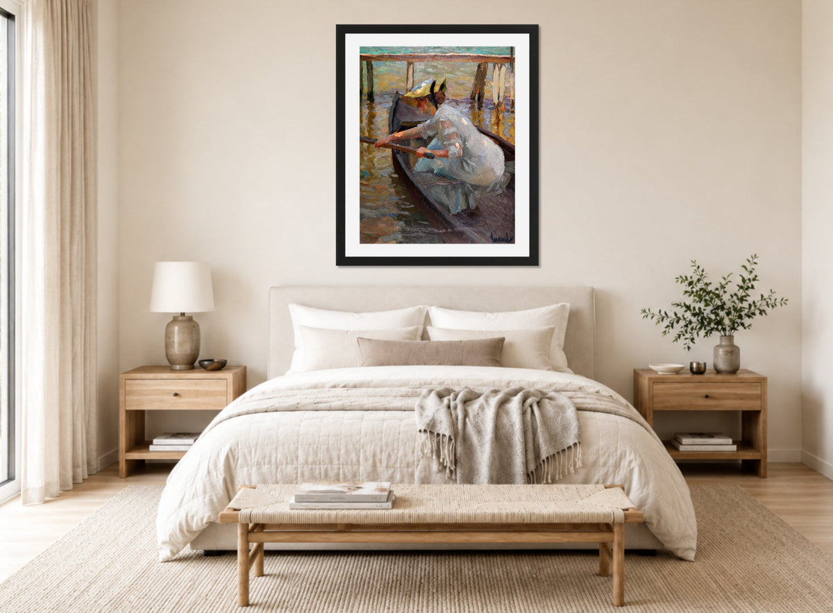 Edward Cucuel Print, Evening trip (1920) displayed above a bed