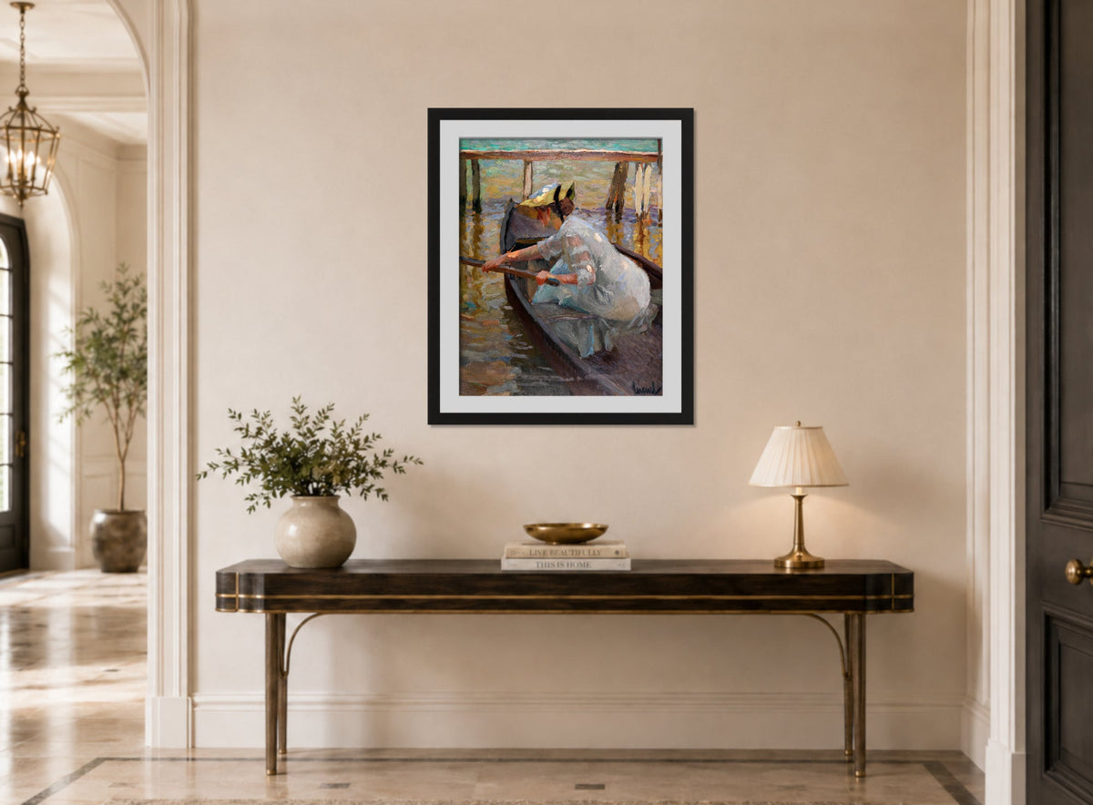Edward Cucuel Print, Evening trip (1920) displayed above a console table