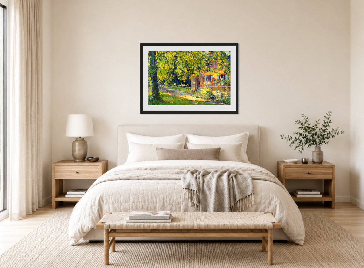 Edward Cucuel Print, Frühlingsgarten in Starnberg (1920) displayed above a bed