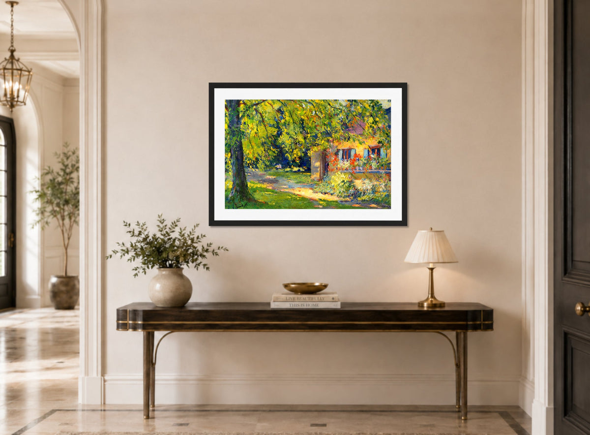 Edward Cucuel Print, Frühlingsgarten in Starnberg (1920) displayed above a console table
