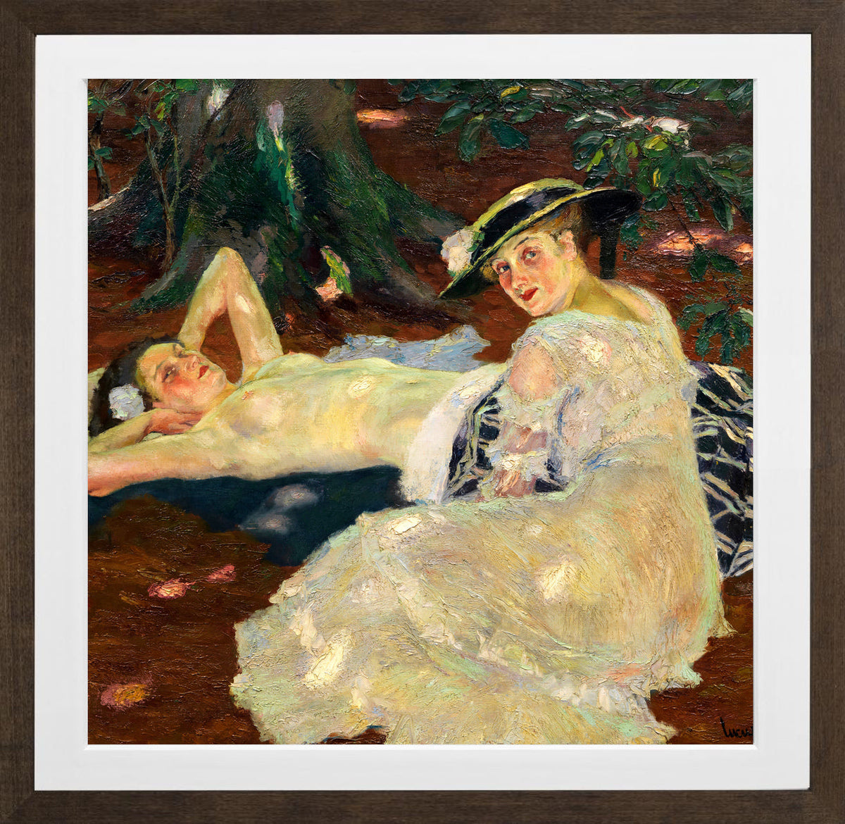 Edward Cucuel Print, Hot Day (Two Ladies Beneath the Trees) (1915) in a brown frame