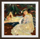Edward Cucuel Print, Hot Day (Two Ladies Beneath the Trees) (1915) in a brown frame