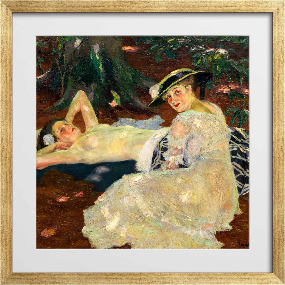 Edward Cucuel Print, Hot Day (Two Ladies Beneath the Trees) (1915) in a gold frame