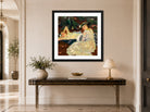 Edward Cucuel Print, Hot Day (Two Ladies Beneath the Trees) (1915) displayed above a console table