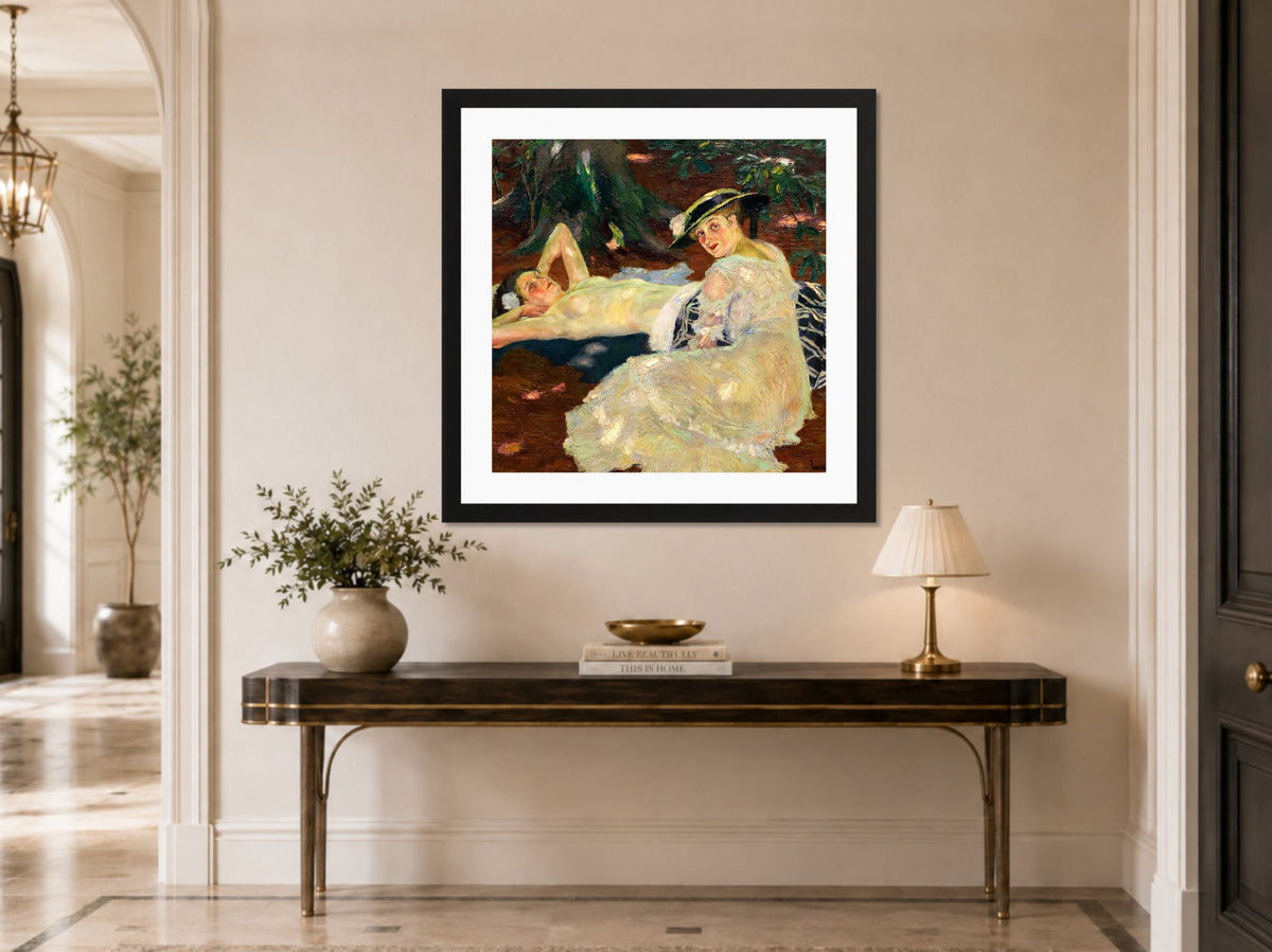 Edward Cucuel Print, Hot Day (Two Ladies Beneath the Trees) (1915) displayed above a console table
