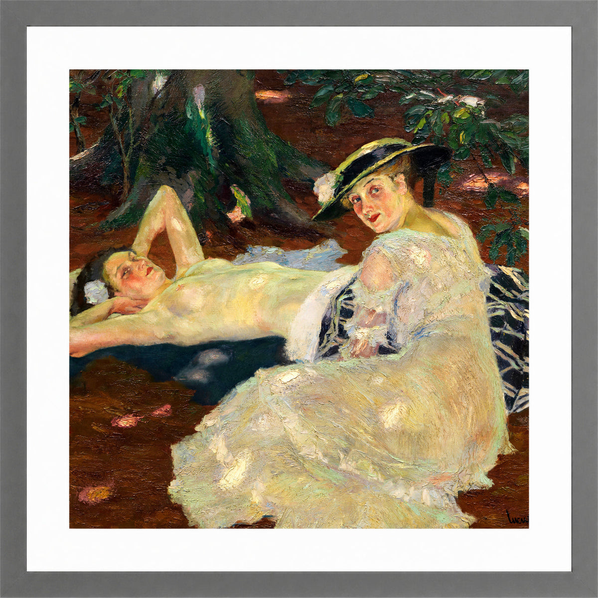 Edward Cucuel Print, Hot Day (Two Ladies Beneath the Trees) (1915) in a light grey frame