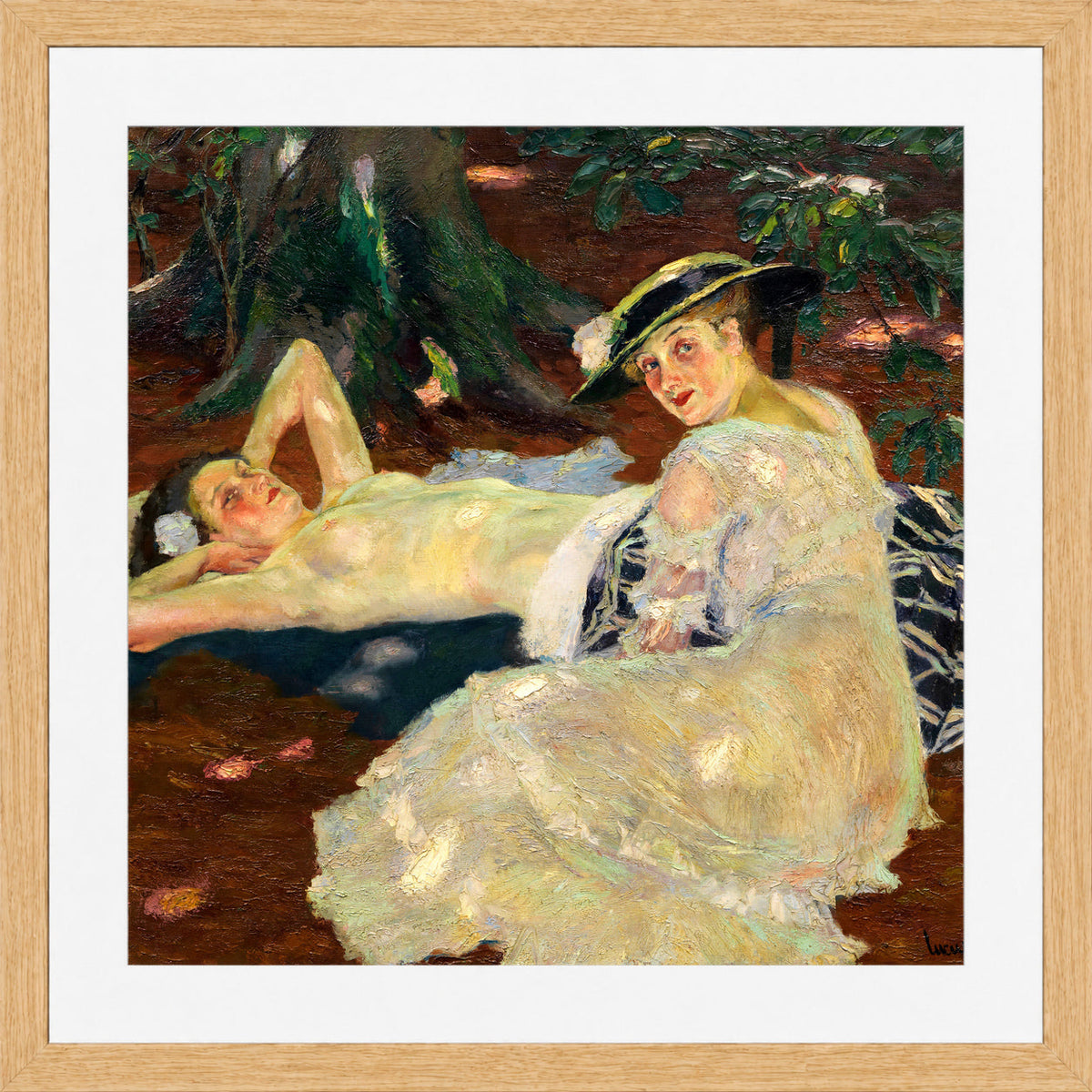 Edward Cucuel Print, Hot Day (Two Ladies Beneath the Trees) (1915) in an oak frame
