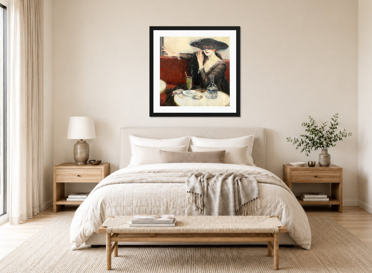 Edward Cucuel Print, Im Café (1910-1920) displayed above a bed