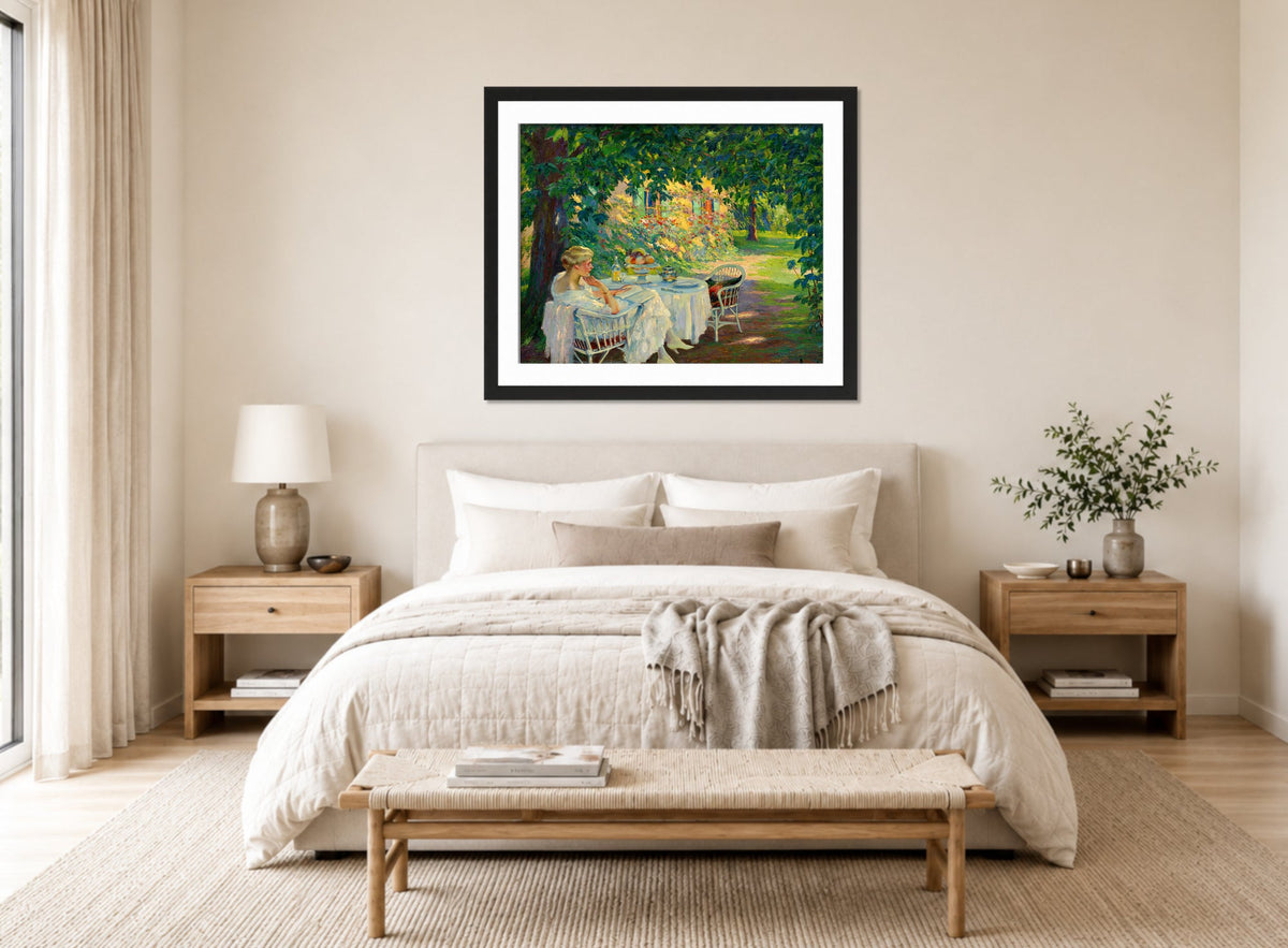 Edward Cucuel Print, In the shade (1920) displayed above a bed