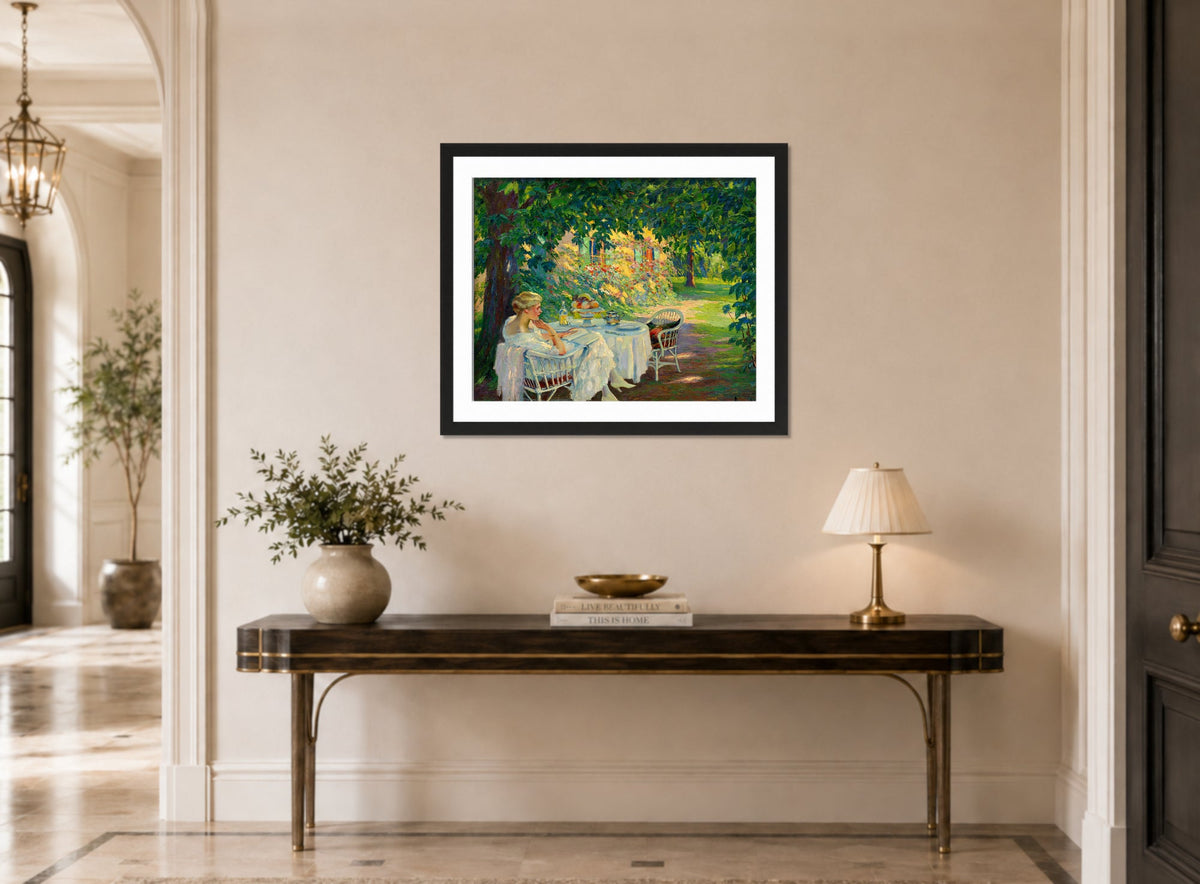 Edward Cucuel Print, In the shade (1920) displayed above a console table
