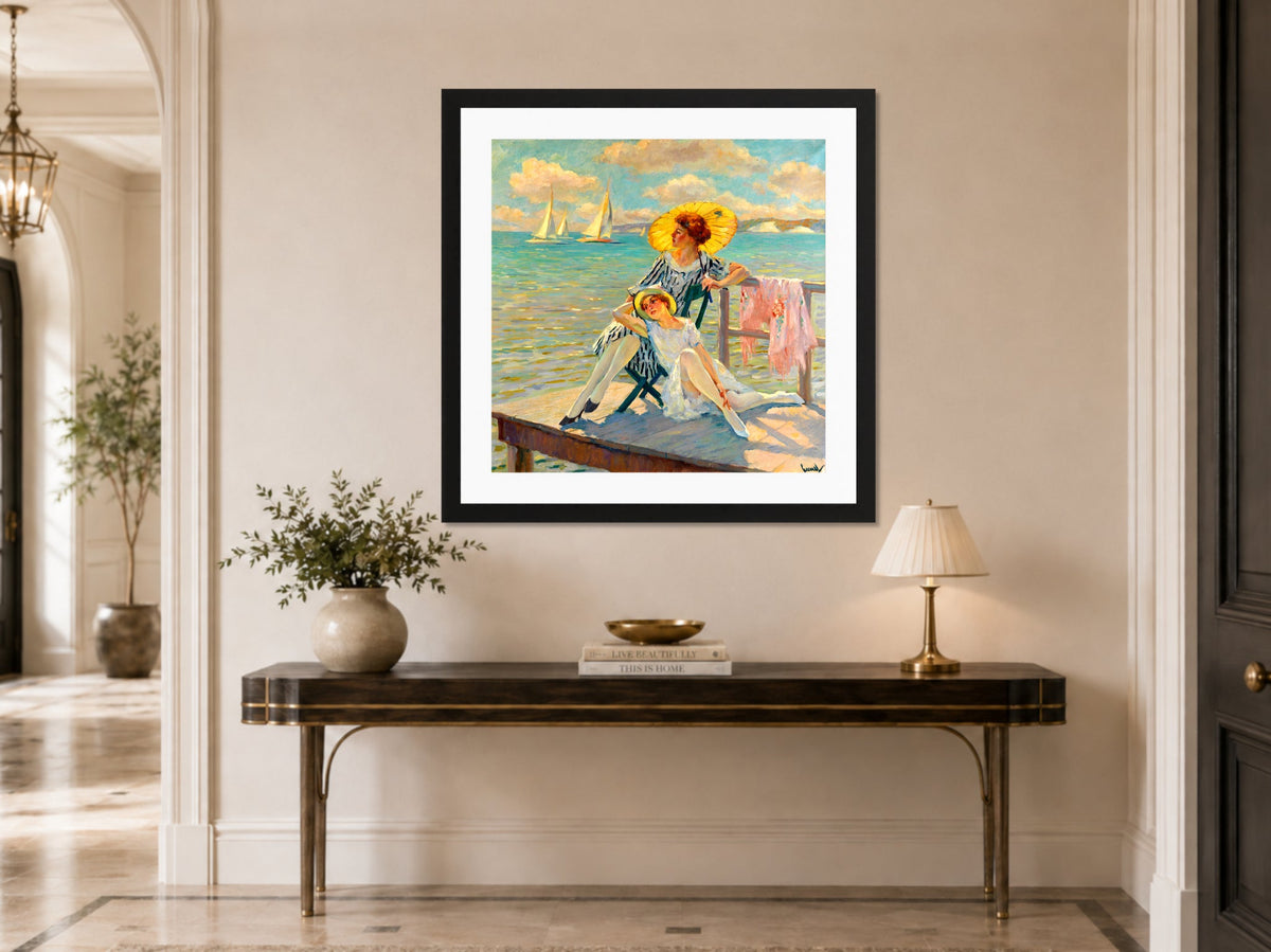 Edward Cucuel Print, In the sun (1920-1925) displayed above a console table