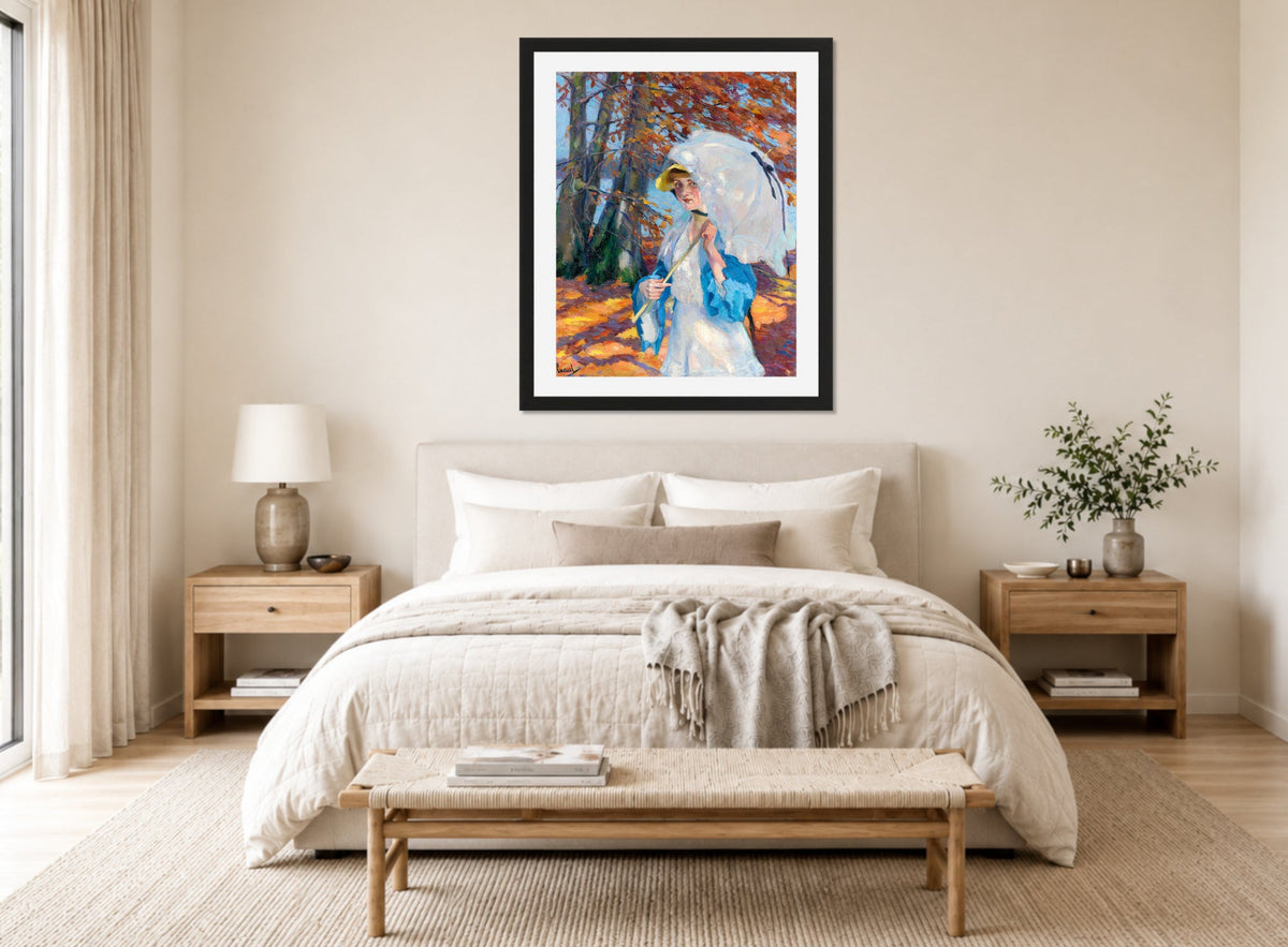 Edward Cucuel Print, Lady with parasol at Ammersee (1914-1918) displayed above a bed