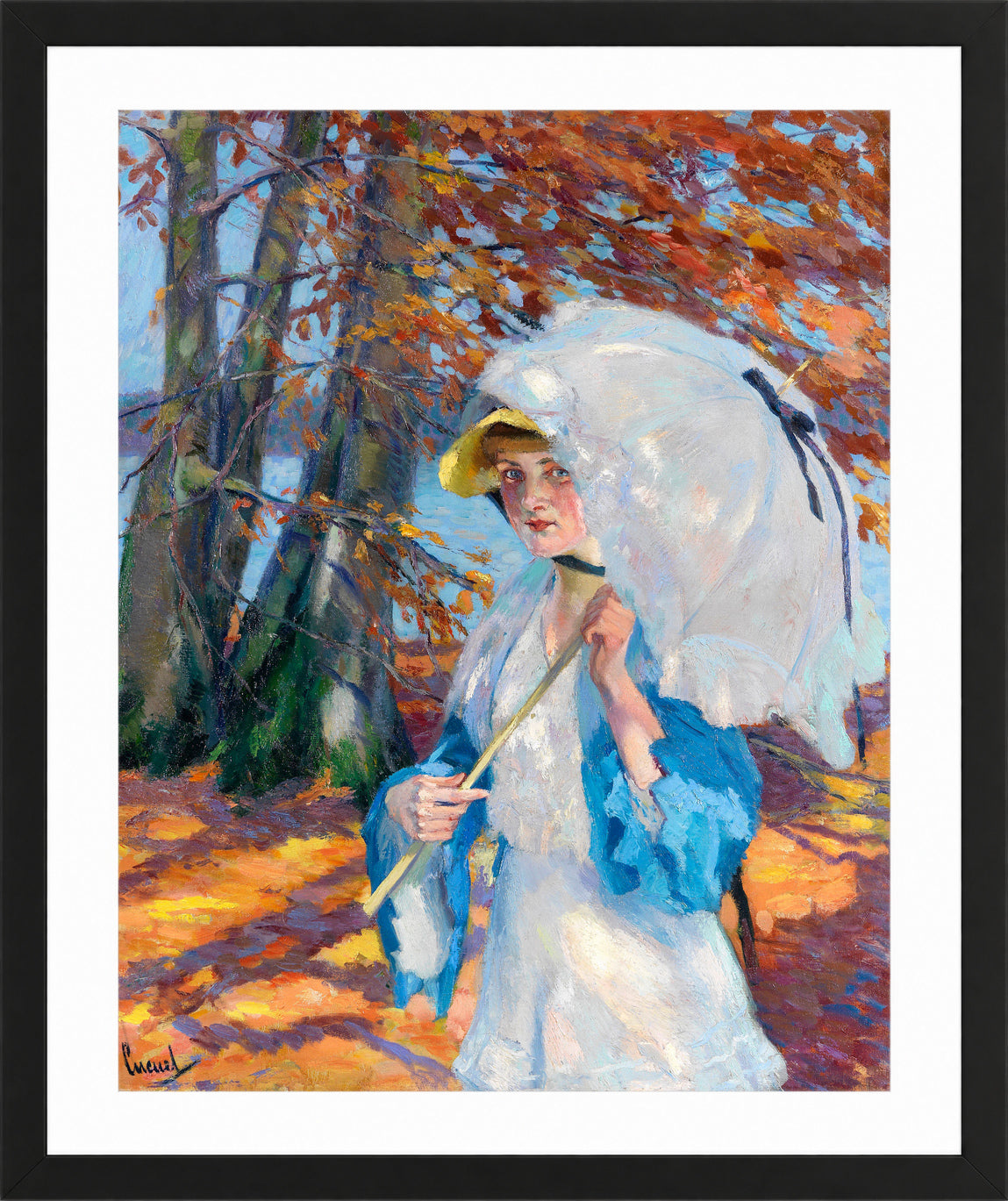 Edward Cucuel Print, Lady with parasol at Ammersee (1914-1918) in a black frame
