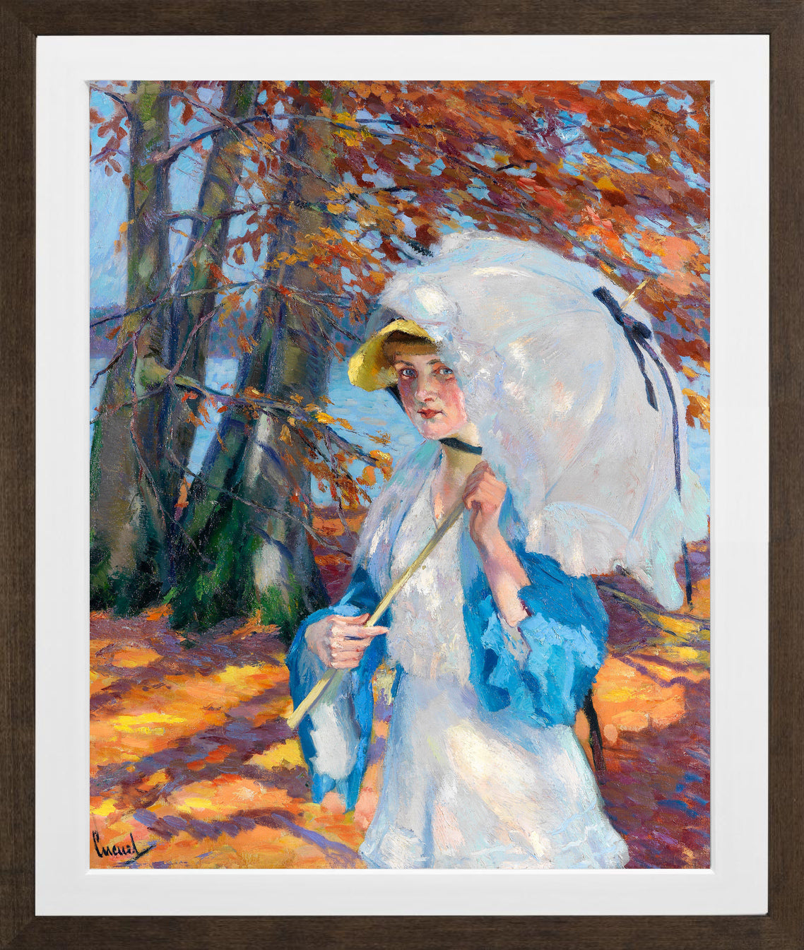 Edward Cucuel Print, Lady with parasol at Ammersee (1914-1918) in a brown frame