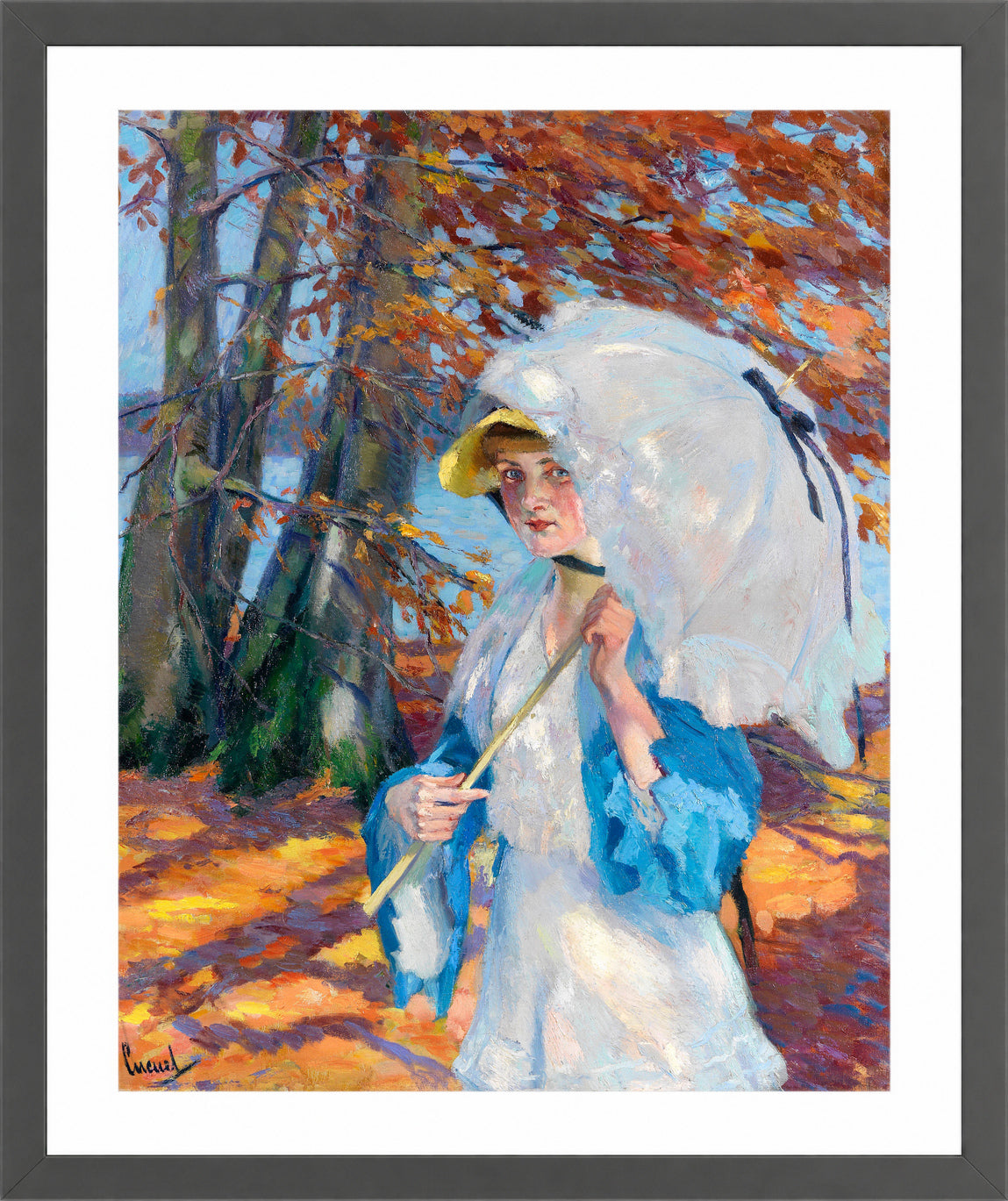 Edward Cucuel Print, Lady with parasol at Ammersee (1914-1918) in a dark grey frame