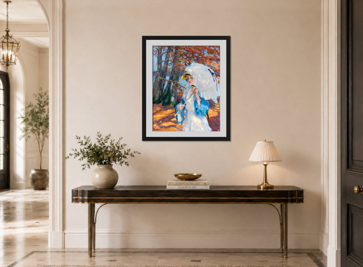 Edward Cucuel Print, Lady with parasol at Ammersee (1914-1918) displayed above a console table