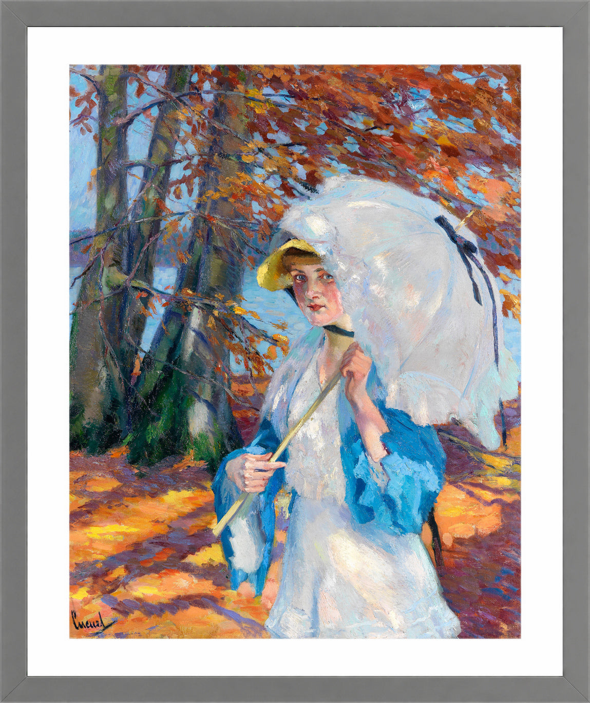 Edward Cucuel Print, Lady with parasol at Ammersee (1914-1918) in a light grey frame