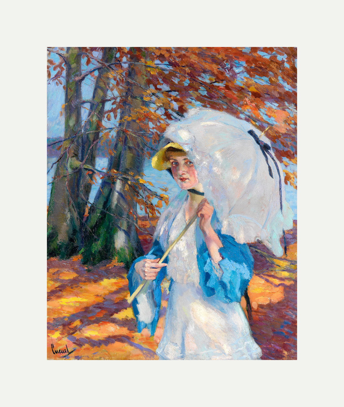 Edward Cucuel Print, Lady with parasol at Ammersee (1914-1918) with an off-white border for rolled canvas