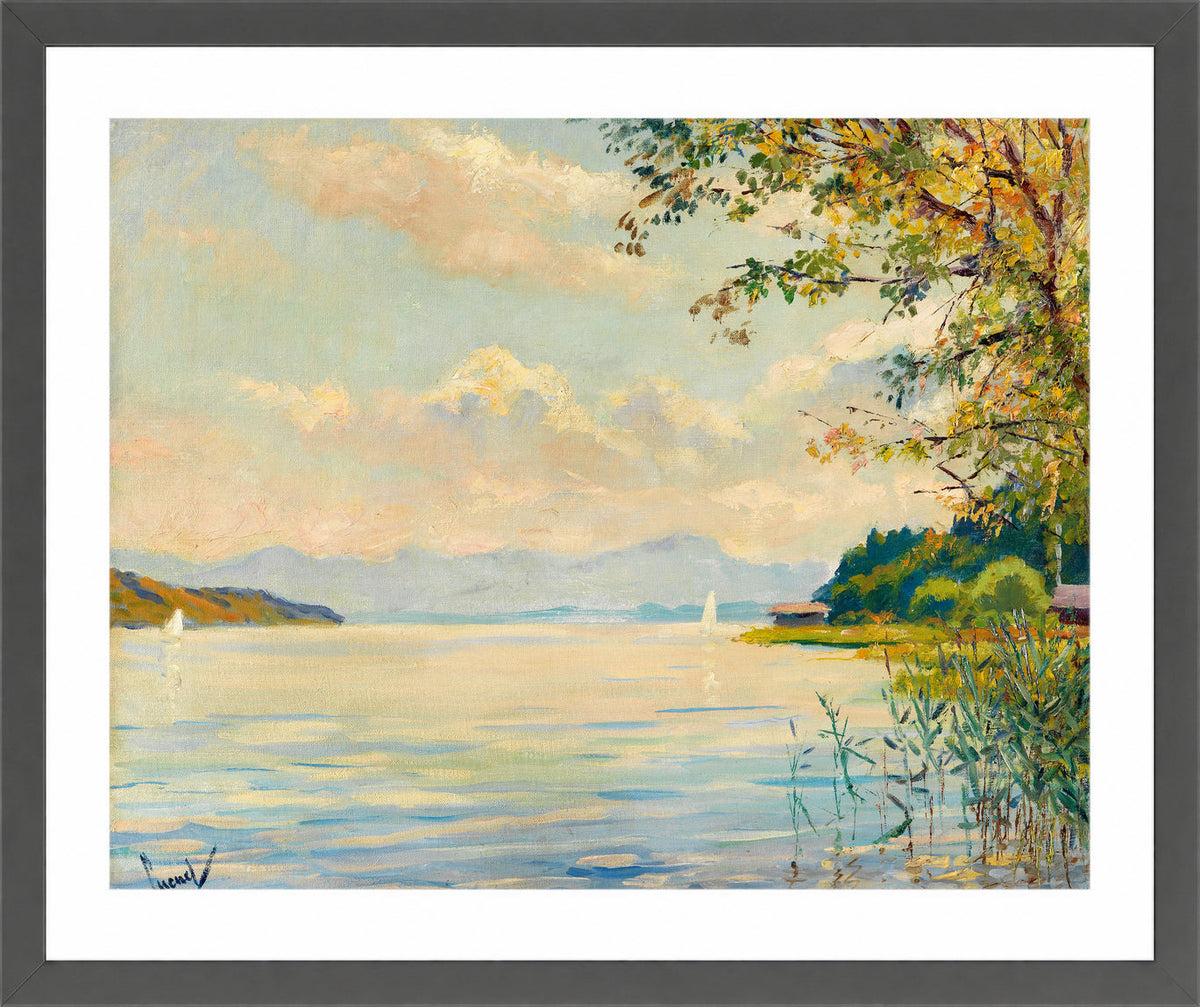 Edward Cucuel Print, Lake Starnberg – distant view (1920) in a dark grey frame