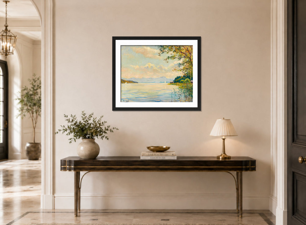 Edward Cucuel Print, Lake Starnberg – distant view (1920) displayed above a console table