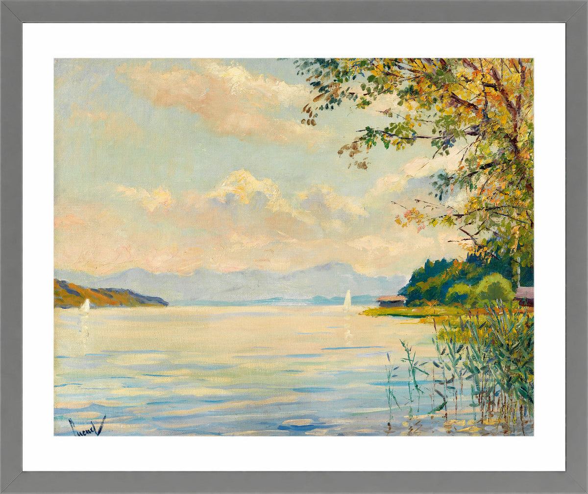 Edward Cucuel Print, Lake Starnberg – distant view (1920) in a light grey frame