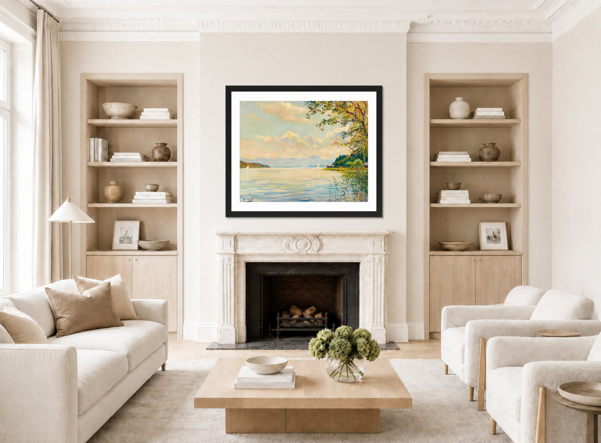 Edward Cucuel Print, Lake Starnberg – distant view (1920) displayed in a Scandinavian living room