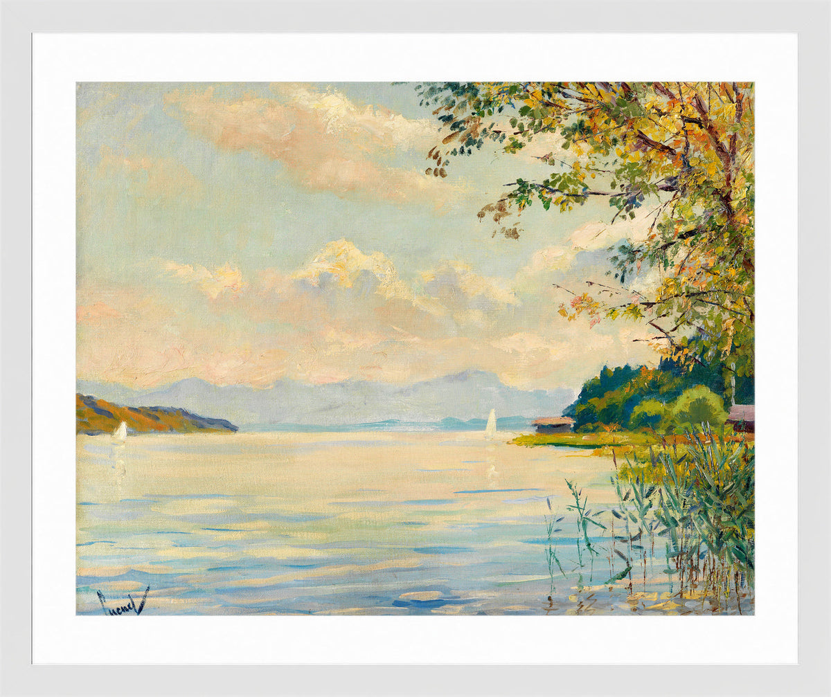 Edward Cucuel Print, Lake Starnberg – distant view (1920) in a white frame