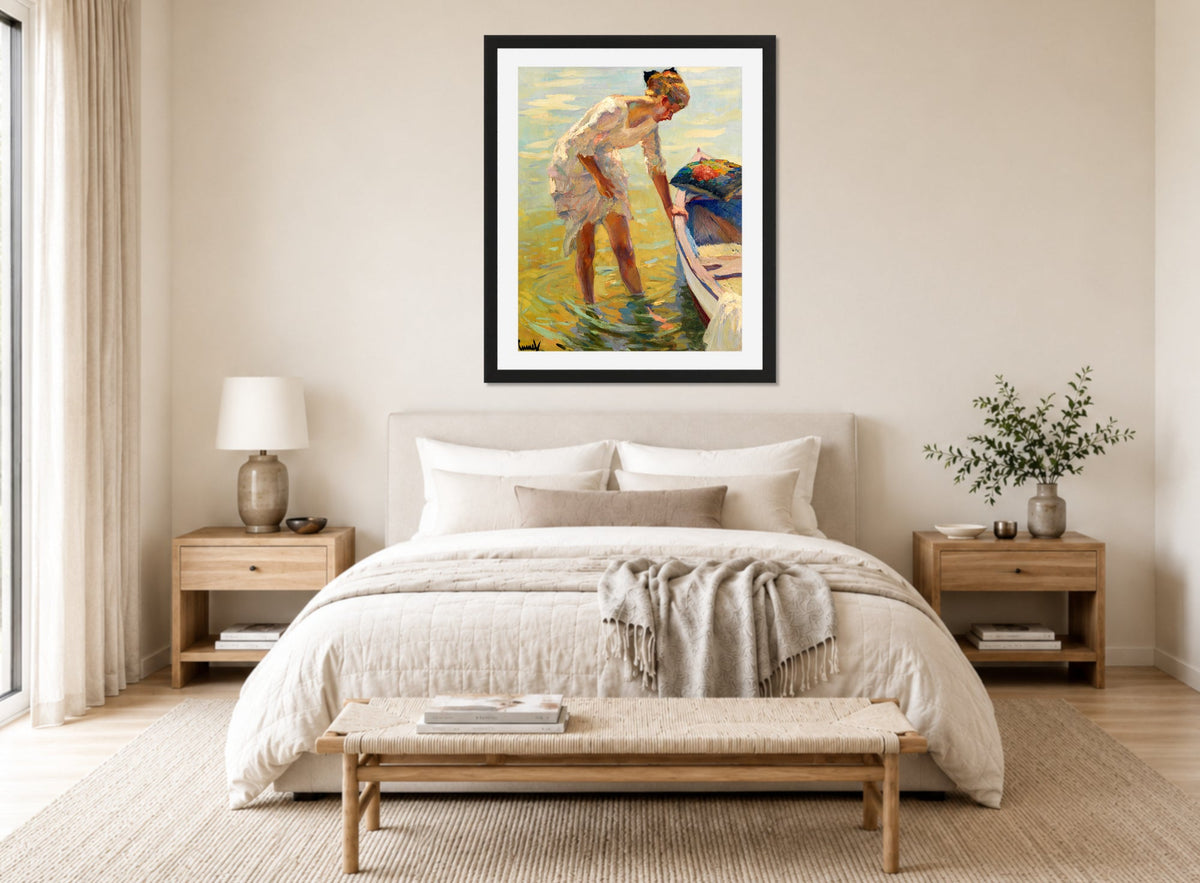 Edward Cucuel Print, On the shore (1920) displayed above a bed