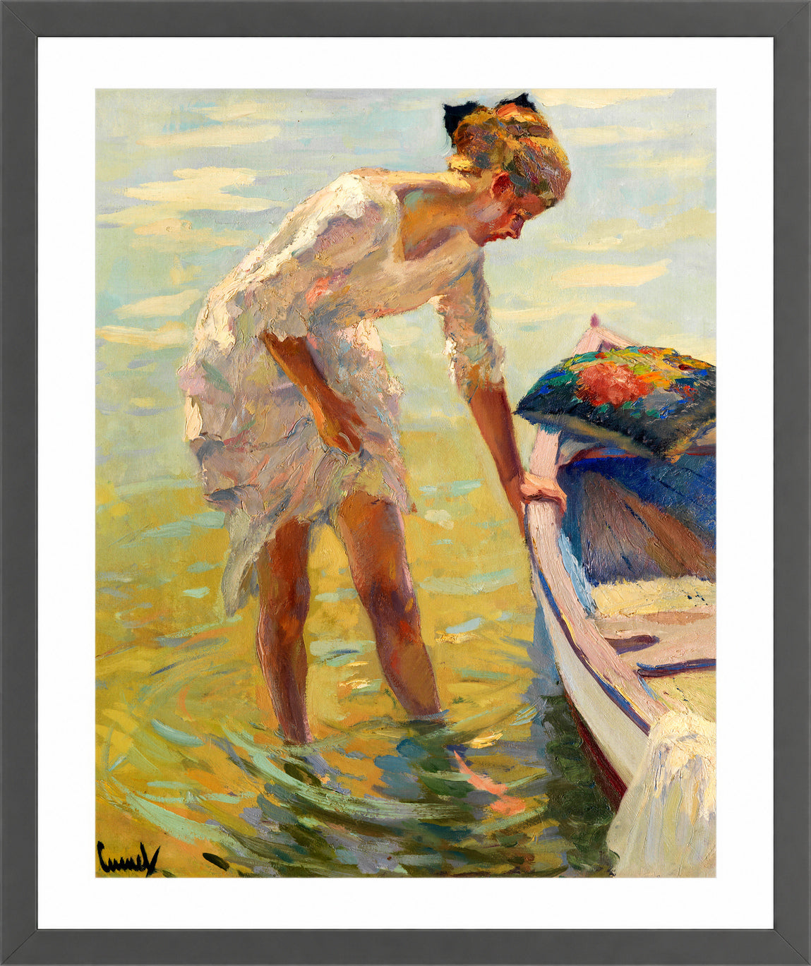 Edward Cucuel Print, On the shore (1920) in a dark grey frame