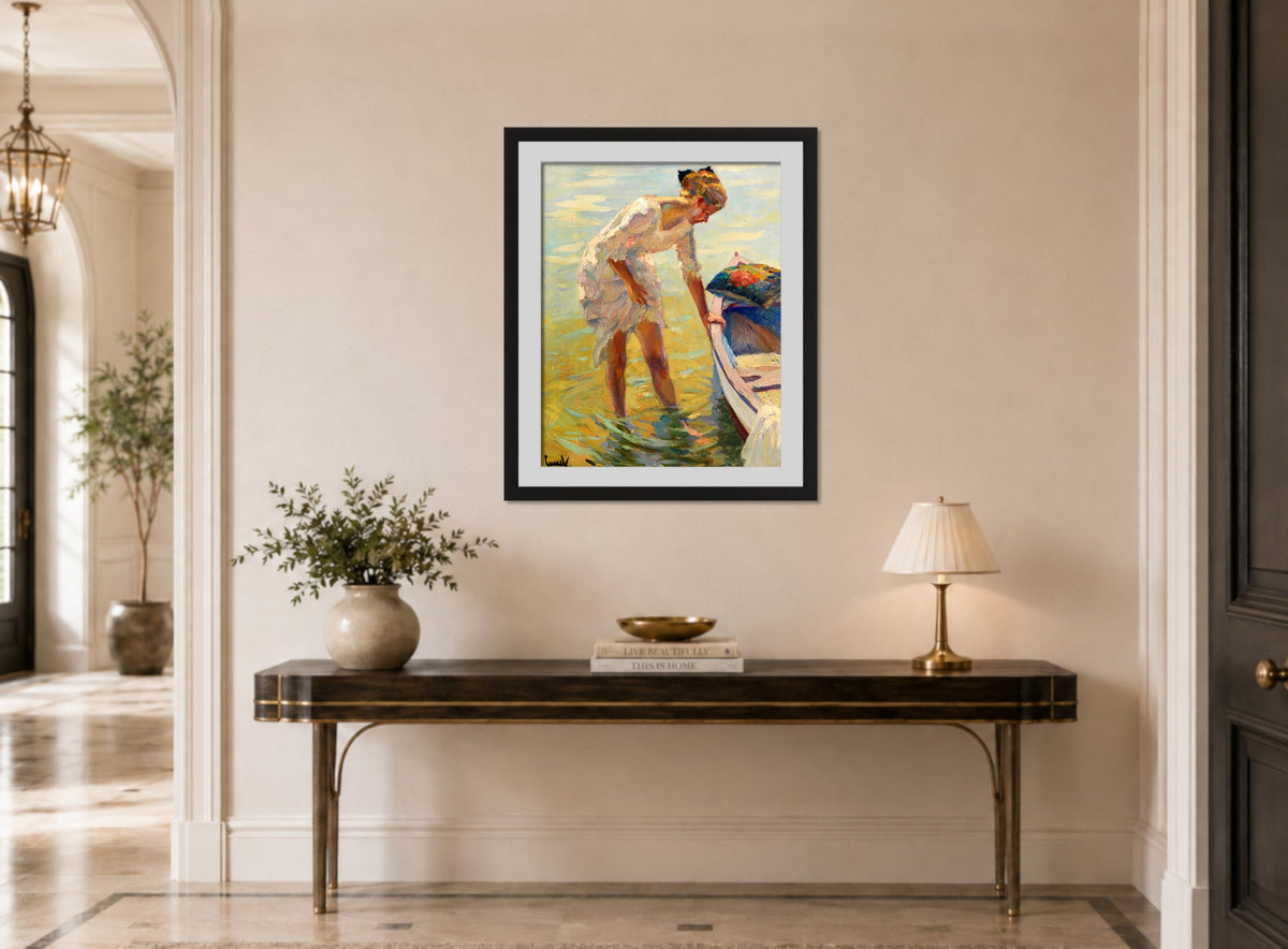 Edward Cucuel Print, On the shore (1920) displayed above a console table