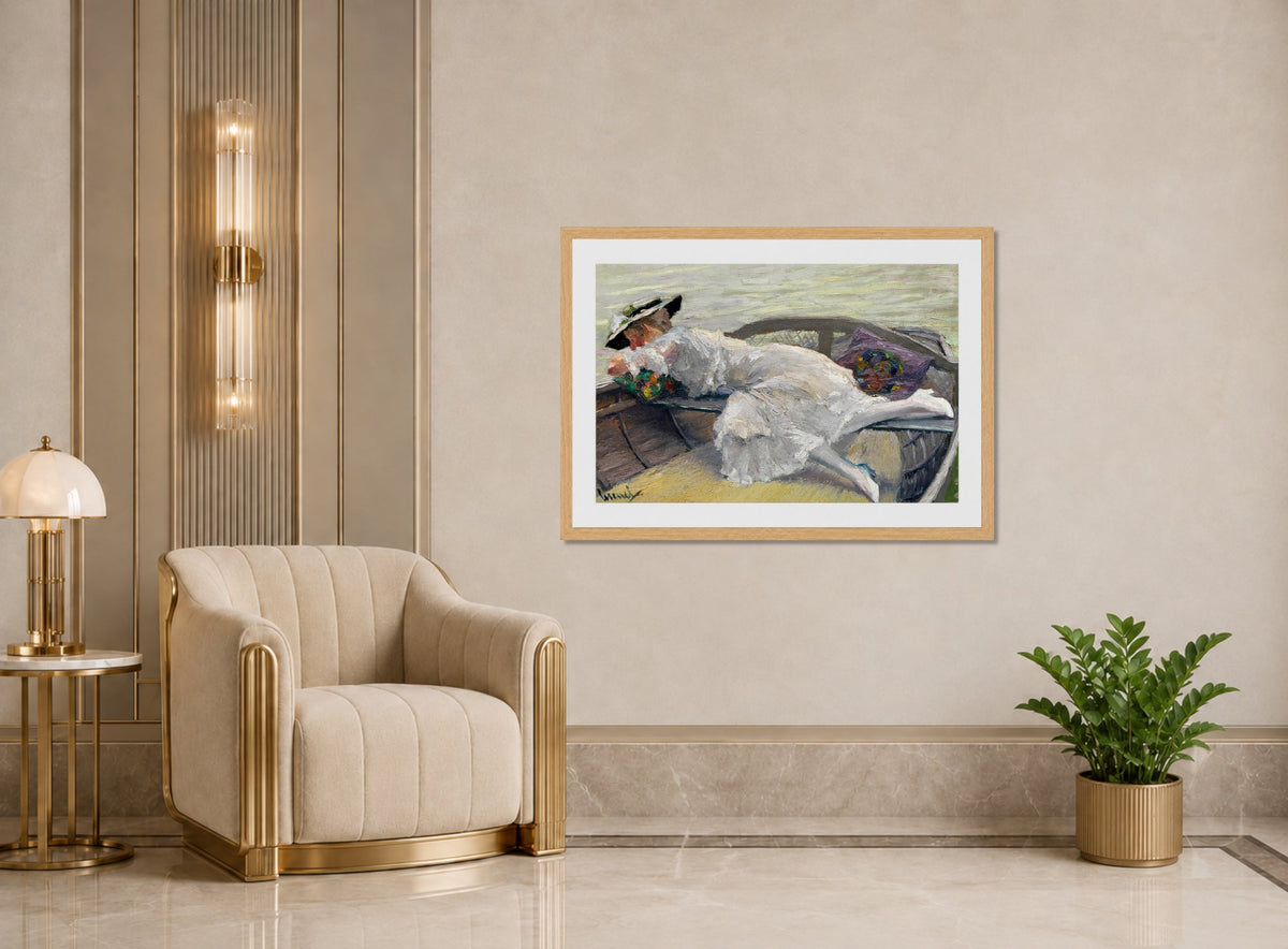 Edward Cucuel Print, Schöne Stunde (1920) displayed in an Art Deco interior
